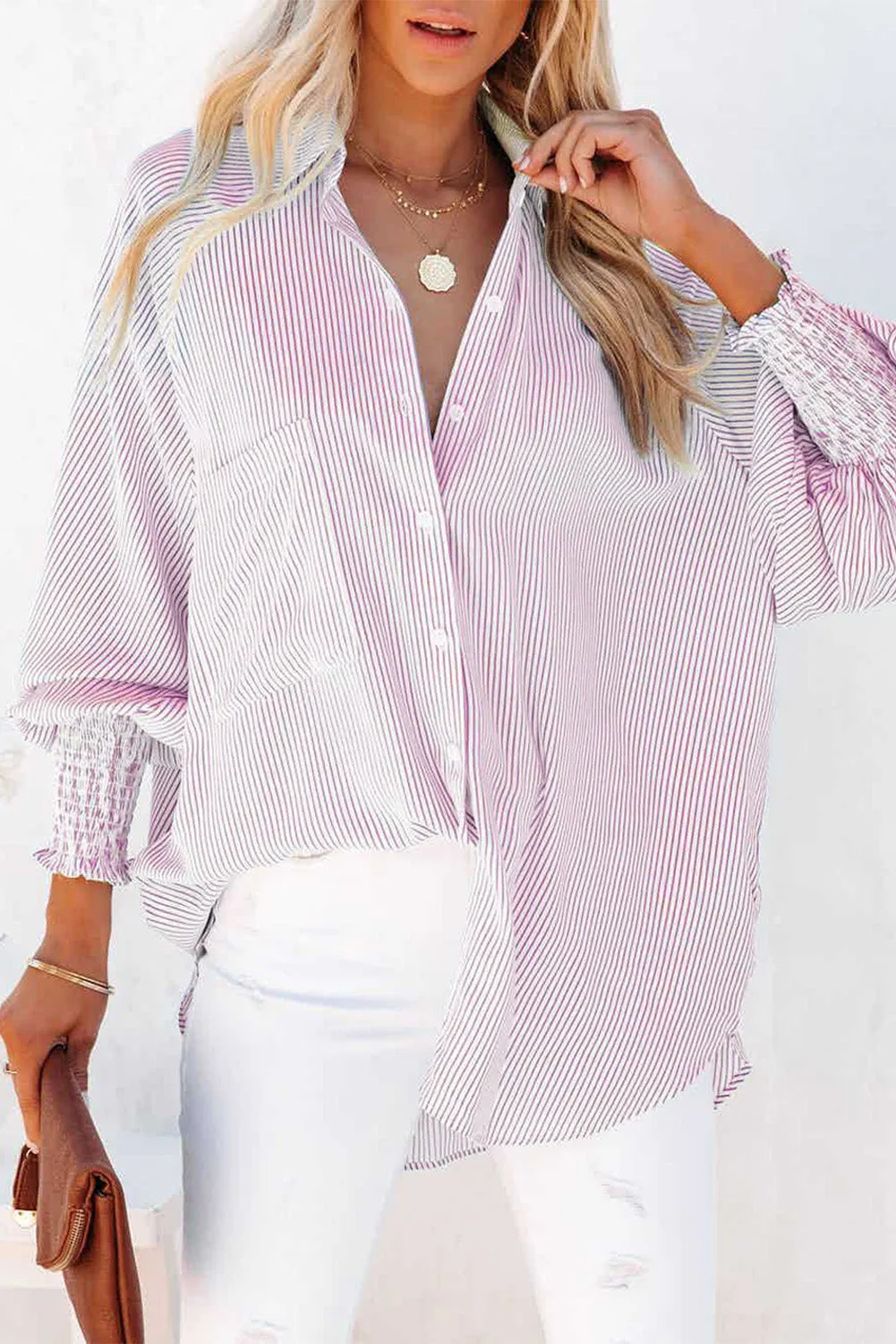 Smocked Cuffed Striped Boyfriend Shirt with Pocket