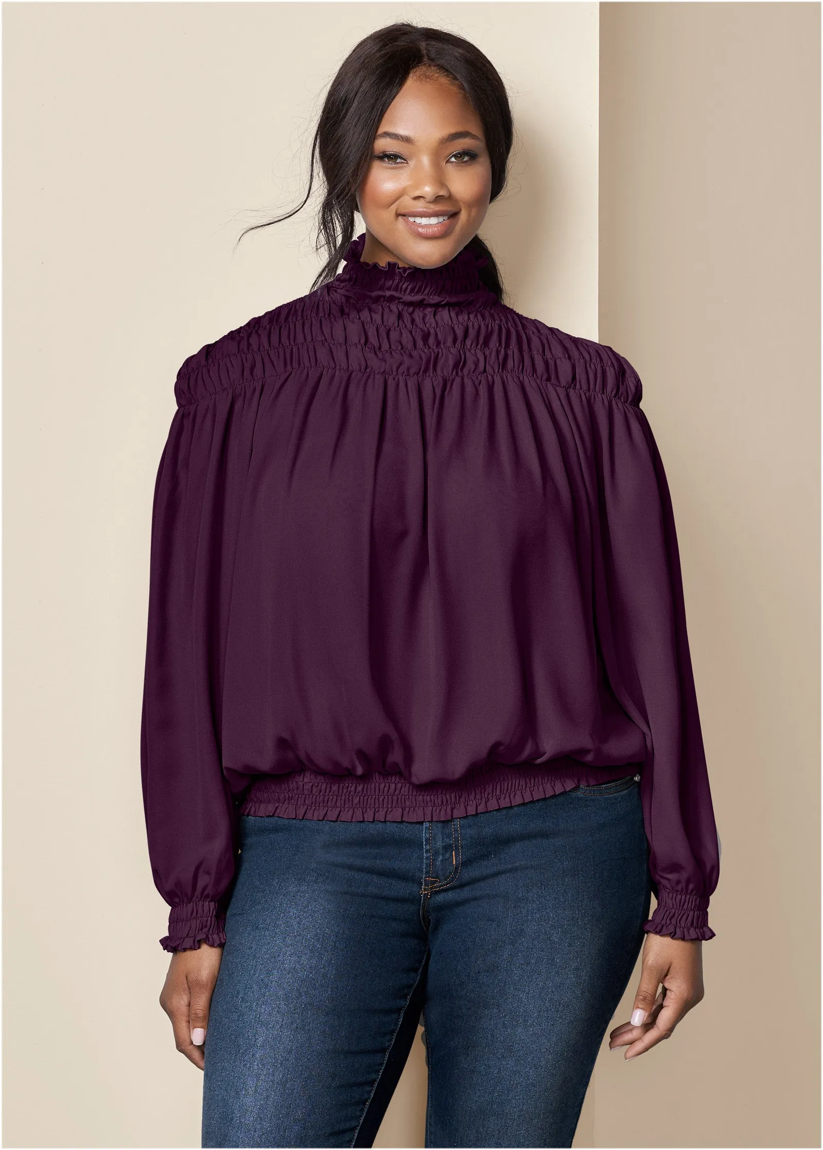 Smocked Detail Top - Dark Purple