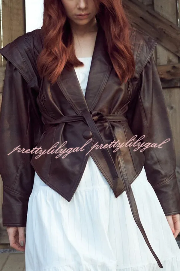 Street Warrior Faux Leather Distressed Style Lace-up Lapel Belt Oversized Jacket