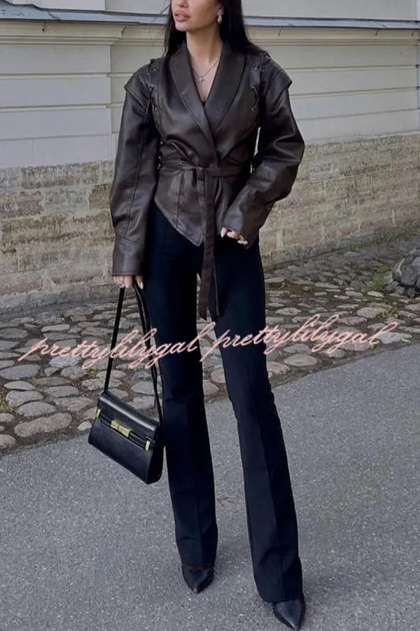 Street Warrior Faux Leather Distressed Style Lace-up Lapel Belt Oversized Jacket
