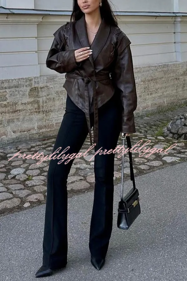 Street Warrior Faux Leather Distressed Style Lace-up Lapel Belt Oversized Jacket