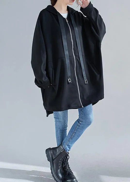 Style hooded zippered Plus Size coats women blouses black oversized outwears