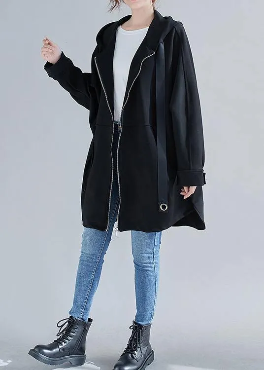 Style hooded zippered Plus Size coats women blouses black oversized outwears