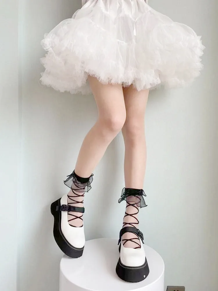 White/Black Organza Ruffled Cuff Crisscorss Banded Lolita Ankle Socks