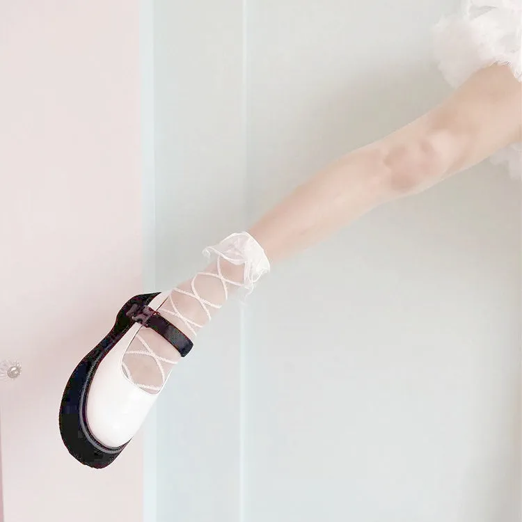 White/Black Organza Ruffled Cuff Crisscorss Banded Lolita Ankle Socks