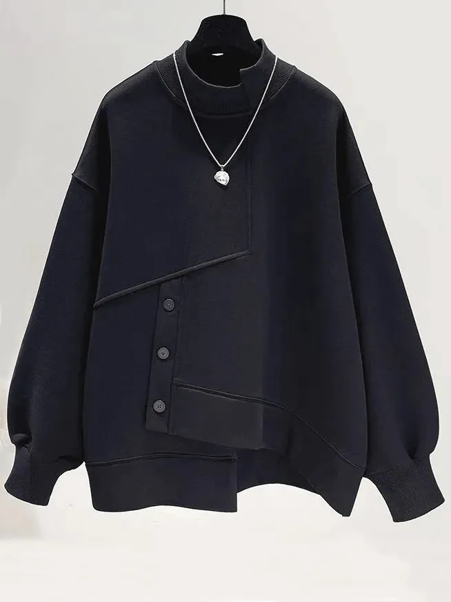 Women's Irregular Loose Hoodie with Half High Collar - SF1572
